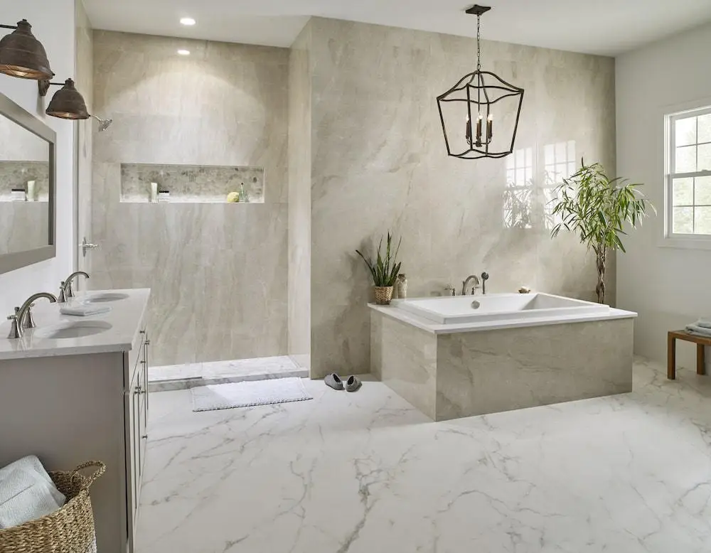 MSI Calacatta Cucca Porcelain Style Slab Bathroom Remodel by Quick Remodels